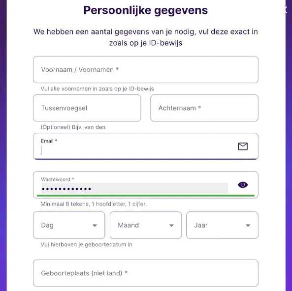 Registratieformulier van Winz